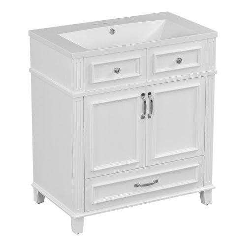 30'' Bathroom Vanity with Resin Sink – White Retro Style Cabinet with Soft-Closing Doors & Solid Wood Frame