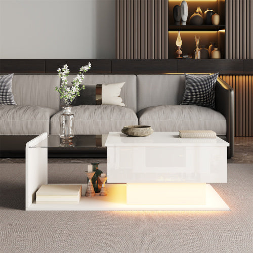 High-Gloss White Coffee Table – Side Table with Glass Top & LED Effect