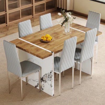 Natural Wood Grain MDF Dining Table with 6 Light Gray Modern Chairs – Minimalist Home Essential