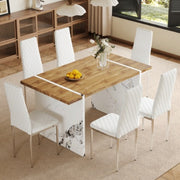 Natural Wood Grain MDF Dining Table with 6 Light Gray Modern Chairs – Minimalist Home Essential