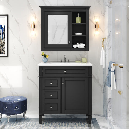 30'' Bathroom Vanity with Top Sink – Modern Cabinet with 2 Drawers, Tip-Out Drawer & Mirror