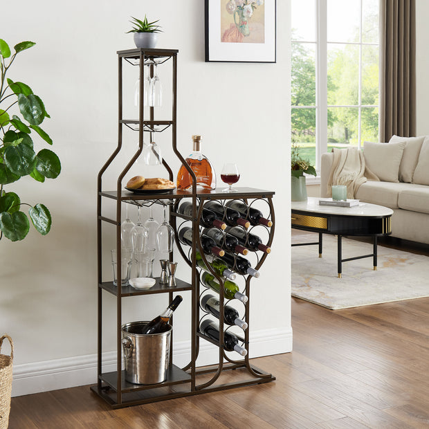 5-Tier Freestanding Wine Rack with Glass Holder & Storage Shelves