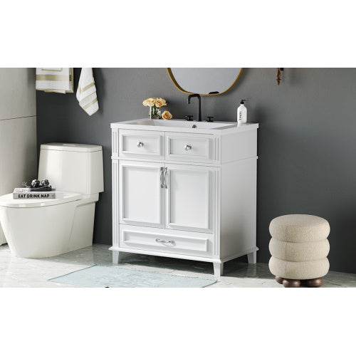 30'' Bathroom Vanity with Resin Sink – White Retro Style Cabinet with Soft-Closing Doors & Solid Wood Frame