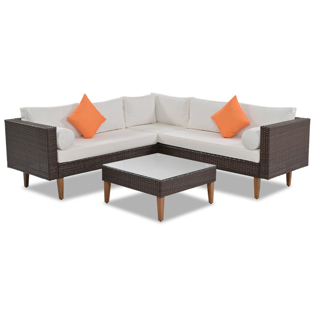 4-Piece Outdoor Wicker Sofa Set – L-Shape Patio Furniture with Colorful Pillows
