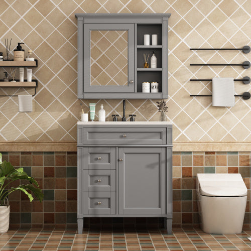 30'' Bathroom Vanity with Top Sink – Modern Cabinet with 2 Drawers, Tip-Out Drawer & Mirror