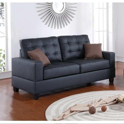 2-Piece Black Faux Leather Tufted Sofa & Loveseat Set with Pillows – Living Room Furniture