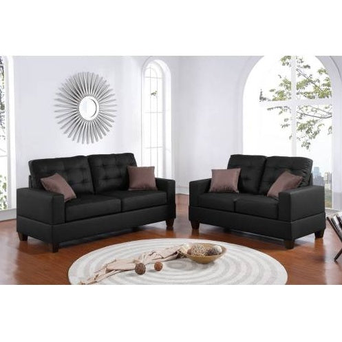 2-Piece Black Faux Leather Tufted Sofa & Loveseat Set with Pillows – Living Room Furniture