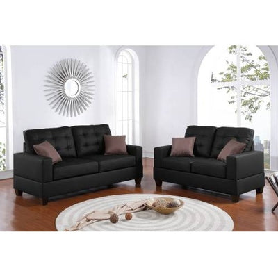 2-Piece Black Faux Leather Tufted Sofa & Loveseat Set with Pillows – Living Room Furniture