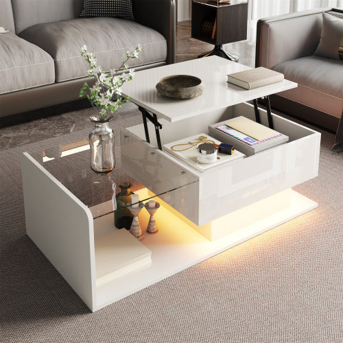 High-Gloss White Coffee Table – Side Table with Glass Top & LED Effect
