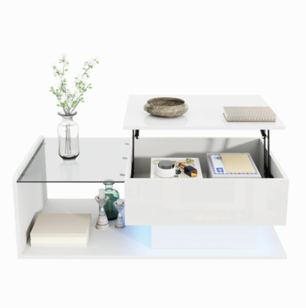 High-Gloss White Coffee Table – Side Table with Glass Top & LED Effect