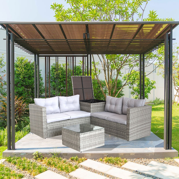 4-Piece Patio Sectional Wicker Rattan Sofa Set with Storage Box – Grey