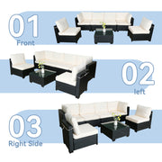 7-Piece Black PE Rattan Outdoor Sofa Set with Table & White Cushions – Modern Design