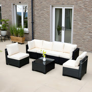 7-Piece Black PE Rattan Outdoor Sofa Set with Table & White Cushions – Modern Design