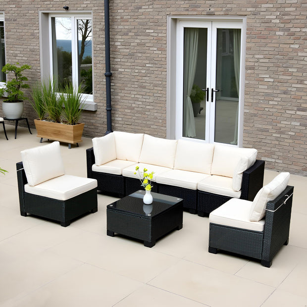 7-Piece Black PE Rattan Outdoor Sofa Set with Table & White Cushions – Modern Design