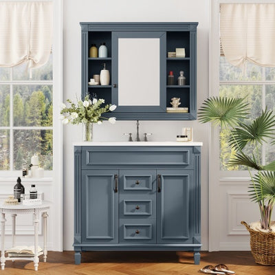 36'' Royal Blue Bathroom Vanity with Top Sink – Modern Storage Cabinet with Matching Mirror, 2 Soft-Closing Doors, 2 Drawers & Single Sink Design for Stylish Bathrooms