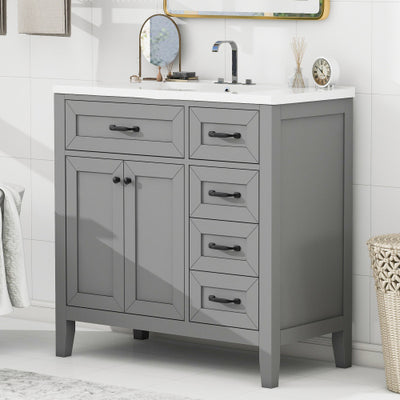 36'' Bathroom Vanity with Sink Combo – Gray Cabinet with Drawers, Solid Frame & MDF Board