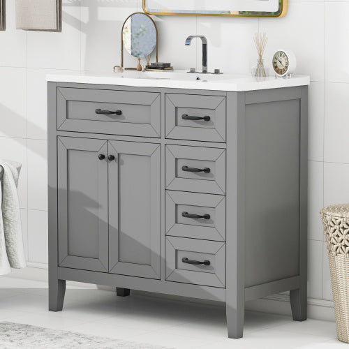 36'' Bathroom Vanity with Sink Combo – Gray Cabinet with Drawers, Solid Frame & MDF Board