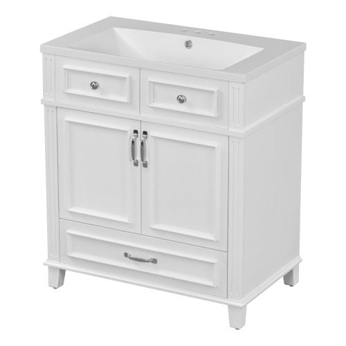 30'' Bathroom Vanity with Resin Sink – White Retro Style Cabinet with Soft-Closing Doors & Solid Wood Frame