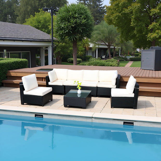 7-Piece Black PE Rattan Outdoor Sofa Set with Table & White Cushions – Modern Design