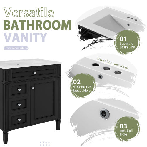 30'' Bathroom Vanity with Top Sink – Modern Cabinet with 2 Drawers, Tip-Out Drawer & Mirror