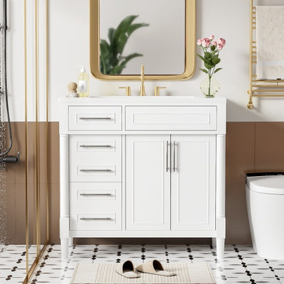 36'' Bathroom Vanity with Top Resin Sink – Freestanding Bathroom Storage Cabinet with 2 Drawers, Tip-Out Drawer, Solid Wood Frame & Height-Adjustable Shelf