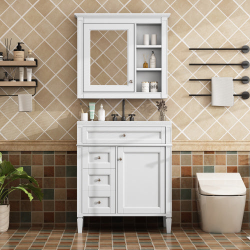 30'' Bathroom Vanity with Top Sink – Modern Cabinet with 2 Drawers, Tip-Out Drawer & Mirror