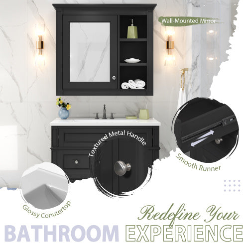 30'' Bathroom Vanity with Top Sink – Modern Cabinet with 2 Drawers, Tip-Out Drawer & Mirror