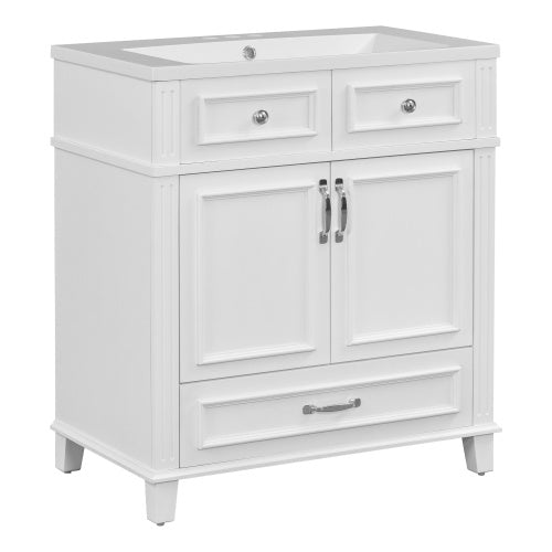 30'' Bathroom Vanity with Resin Sink – White Retro Style Cabinet with Soft-Closing Doors & Solid Wood Frame