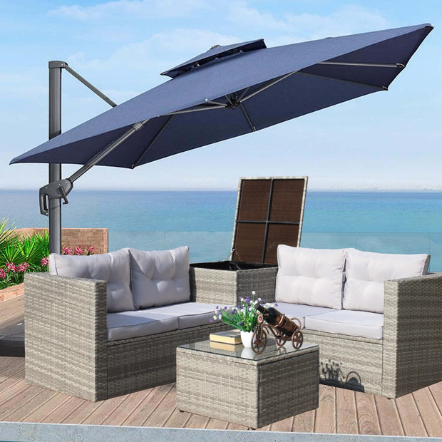 4-Piece Patio Sectional Wicker Rattan Sofa Set with Storage Box – Grey