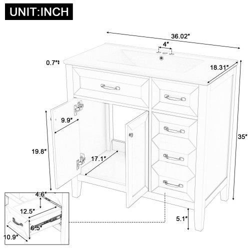 36'' Bathroom Vanity with Sink Combo – Gray Cabinet with Drawers, Solid Frame & MDF Board