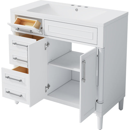36'' Bathroom Vanity with Top Resin Sink – Freestanding Bathroom Storage Cabinet with 2 Drawers, Tip-Out Drawer, Solid Wood Frame & Height-Adjustable Shelf